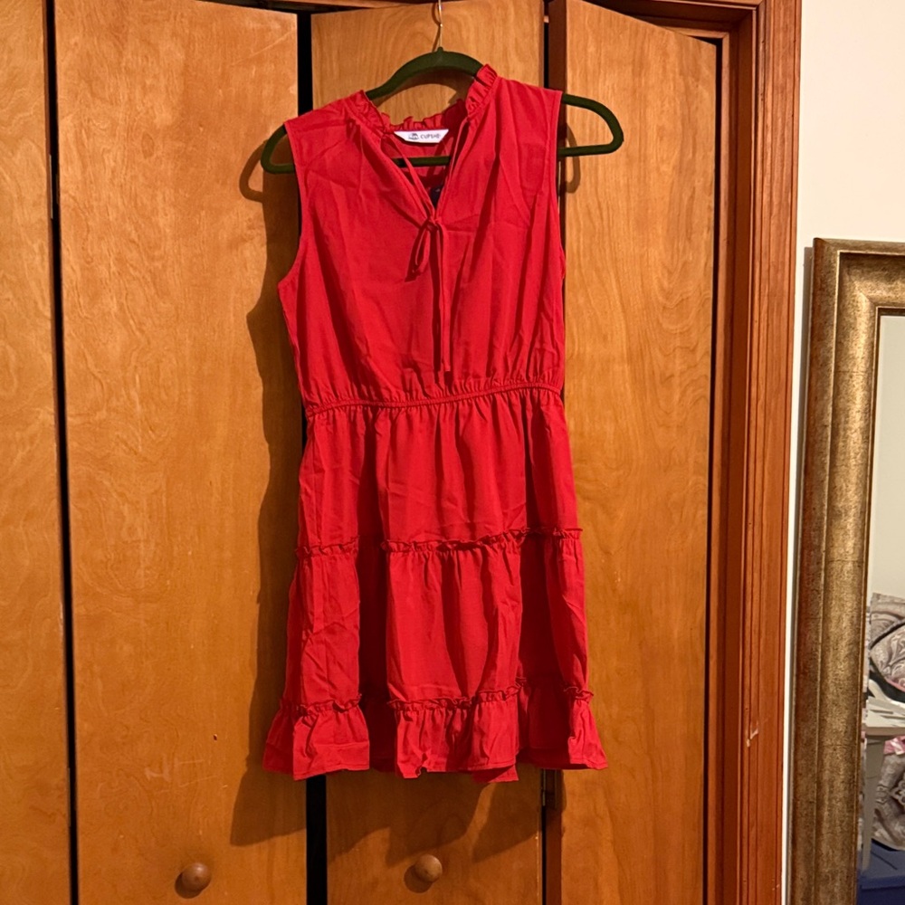 Womens Red Tiered Sleeveless Dress with Tie Neck Size Small